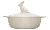 stoneware casserole dish with rabbit finial